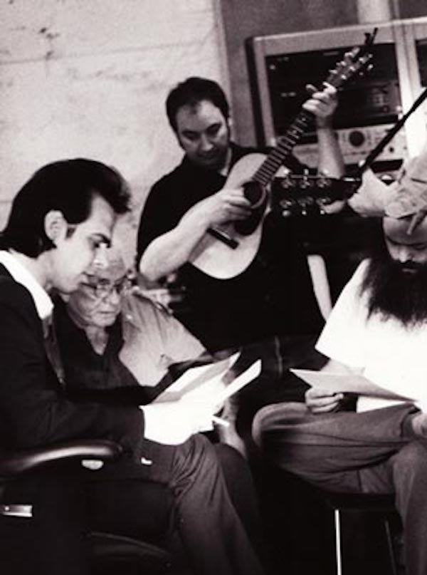 Photo of Nick Cave, Johnny Cash, Rick Rubin in studio, Los Angeles
